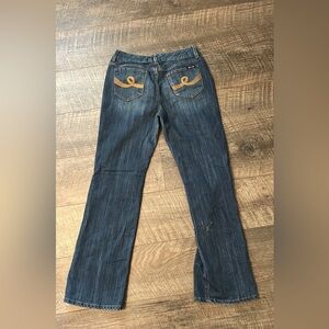 7 For All Mankind Women's Dark Blue Boot Cut Jeans with Tan Stitching